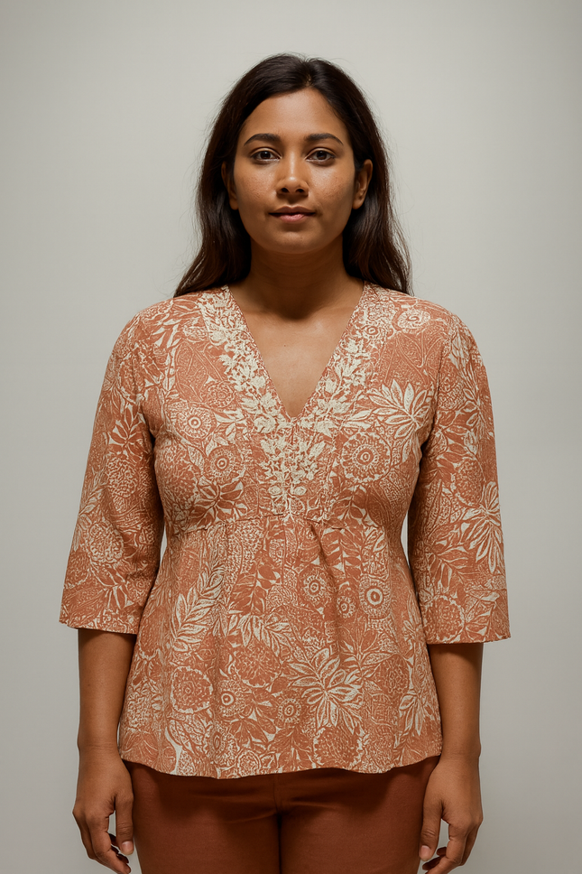 Bombay Boutique Collection Women's Neck Embroidery Pink Top - L Size
