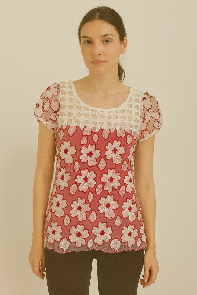 Women's Regular Red and White Top - M Size