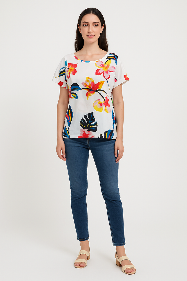 EVALAXY Women's Floral Print Peplum Top - L Size