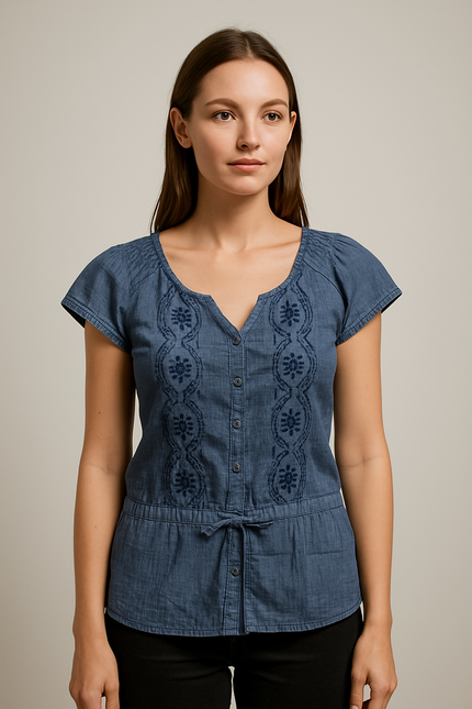 ALLEN SOLLY Women's Puff Sleeve Navy Top - M Size