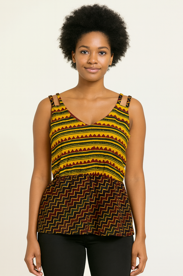 Women's Sleeveless Printed Cotton Yellow Top - S Size