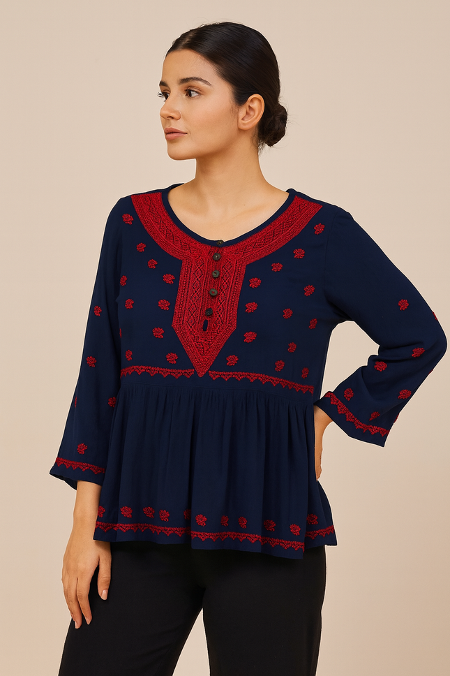 DENIM JEAN AND CASUALS Embroidered Navy Blue Top - XL Size