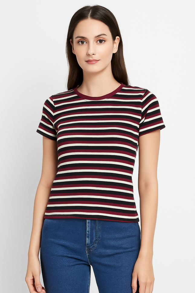 QIHOU Women's Striped Crop White Top - S Size
