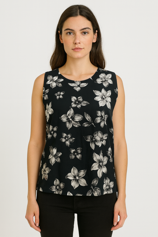 LA FILLE Women's  Regular Sleeveless Print Black Tops -  M Size