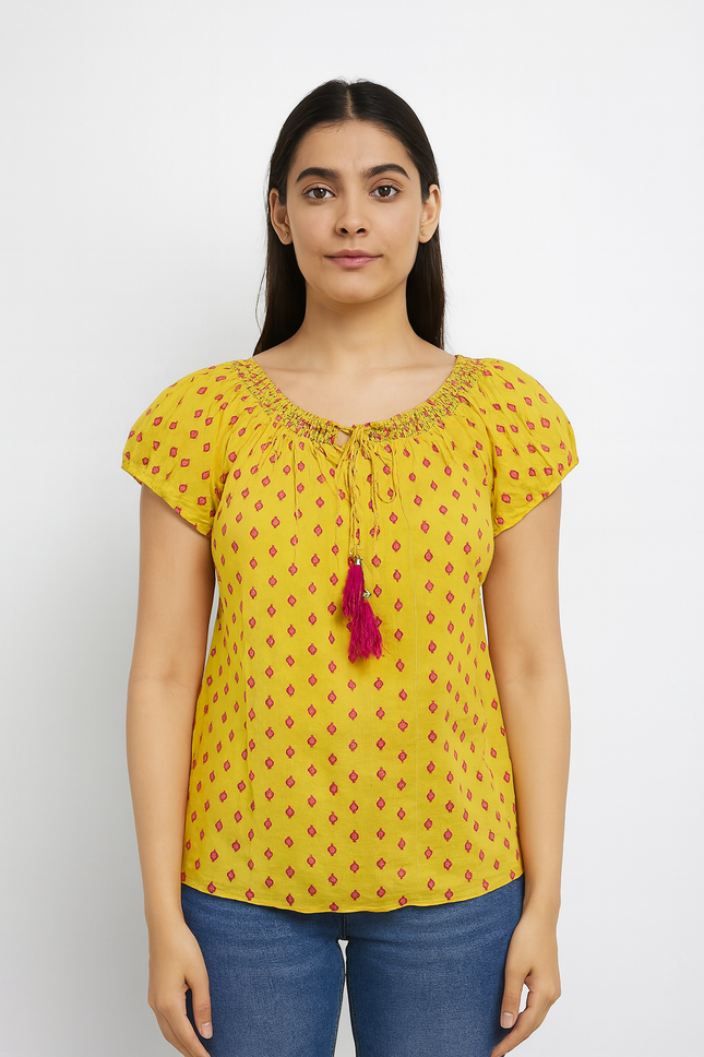 FUSION WOMEN Yellow Printed Top L Size