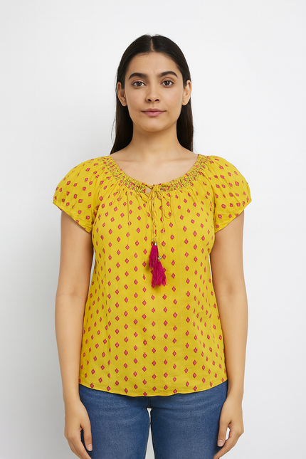 FUSION WOMEN Yellow Printed Top L Size