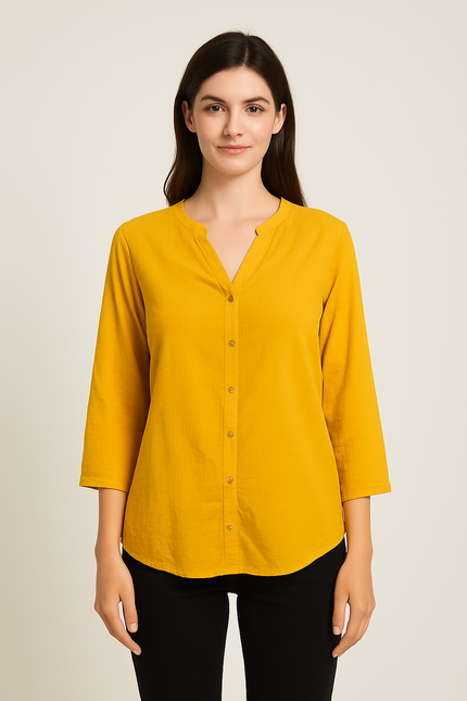 ALLEN SOLLY Women's  Floral Crepe Mustard Yellow Top - M Size