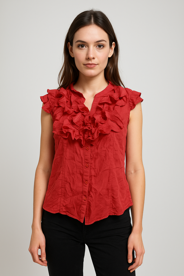 ZOA Womens Mandarin Collar Solid Ruffle Shirt S Size