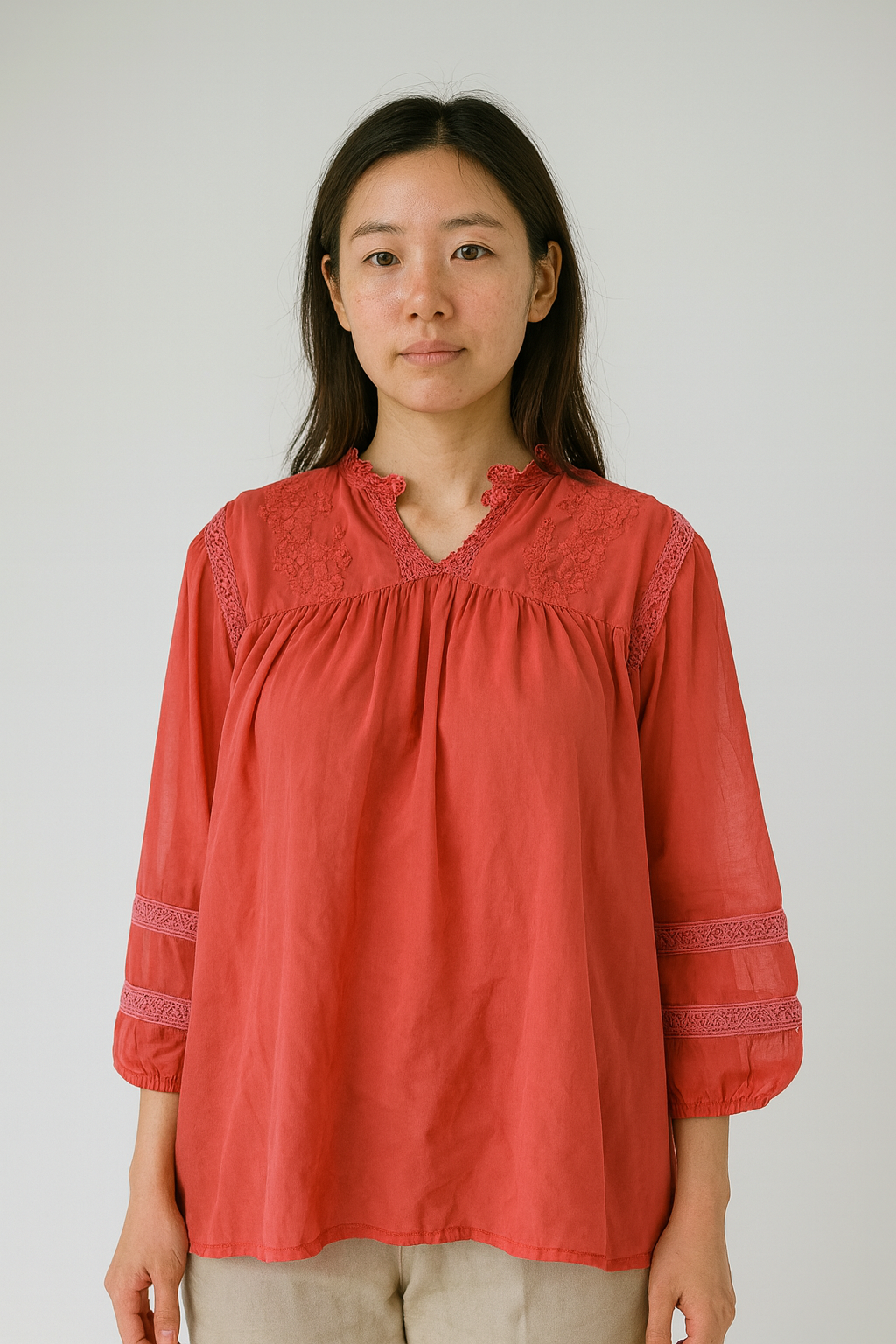 Womens Embroidered Mandarin Collar Top - S Size