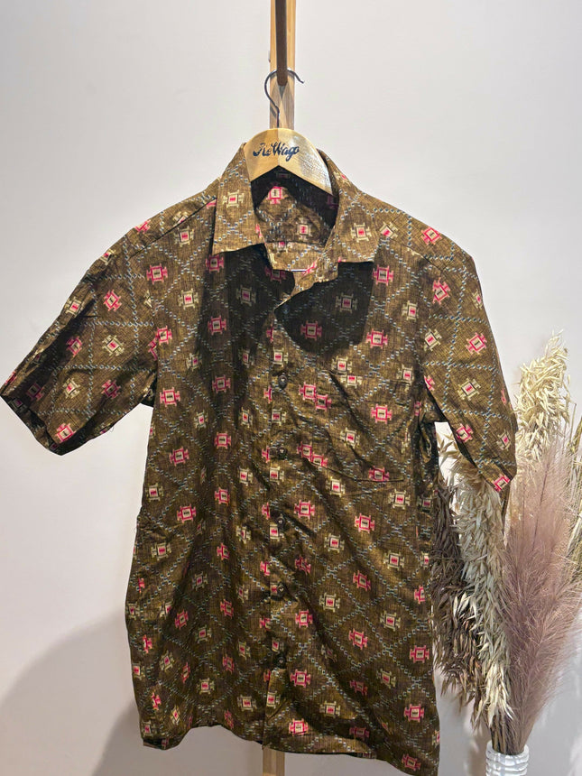 Men's Casual Olive Green With Red and Beige Motifs Shirt - S size