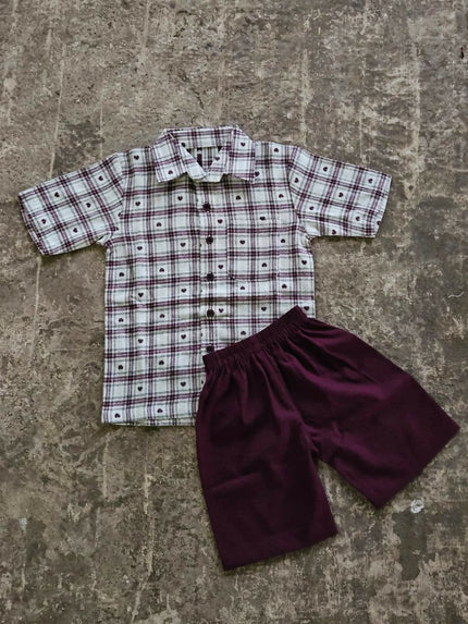 Maroon Check Shirt & Shorts Set for Boys(8 yrs)