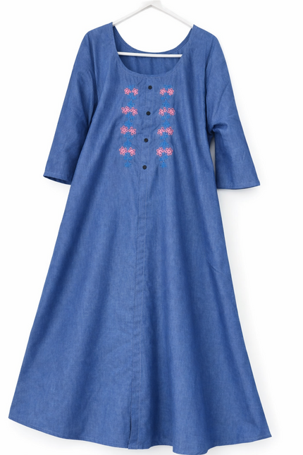 Blue Embroidered Denim-Style Kurta Dress - XL Size