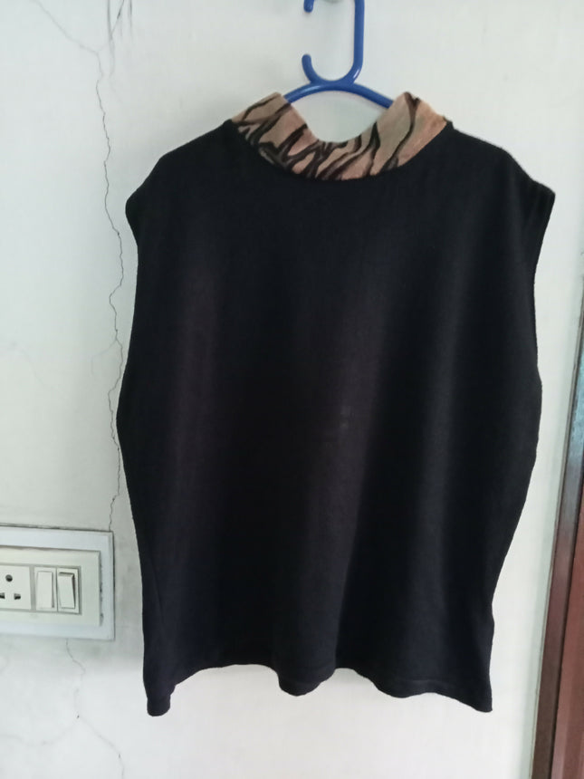 Women's Marks and Spencers black sleeveless tank top with tiger print mock neck detail