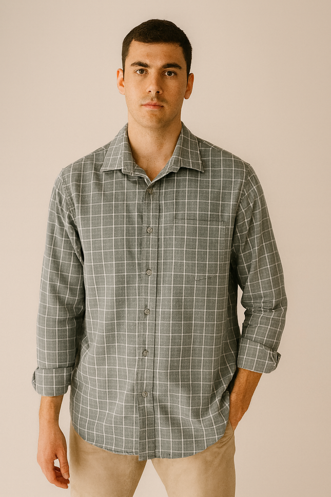 Men's Casual Sage Grey Checkered Shirt – XXL Size