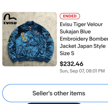 Evisu Tiger Velour Sukajan Blue Embroidery Bomber Jacket Japan Style