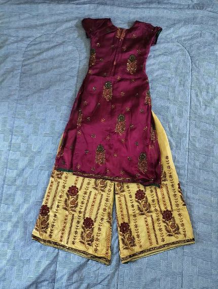 Traditional Kurti Palazzo Set for Women | Maroon & Golden Embroidery