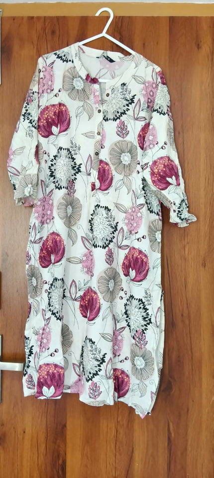 Ivory Floral Printed Straight Kurta Dress - XL Size
