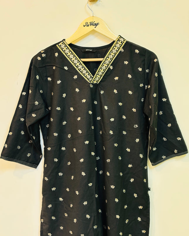 ZORRA Women's 3/4th Sleeve Cotton Black Kurti - L Size