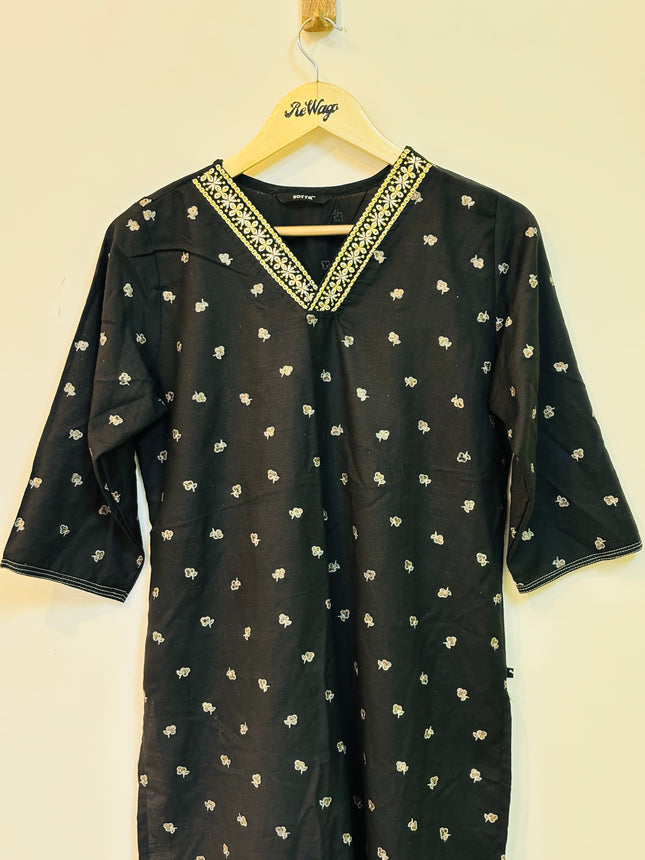 ZORRA Women's 3/4th Sleeve Cotton Black Kurti - L Size