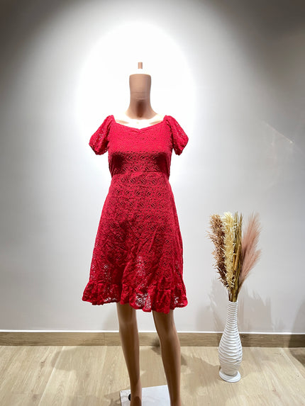Women's with Puff Sleeves Red  Dress - S Size