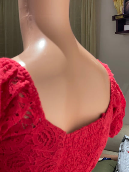Women's with Puff Sleeves Red  Dress - S Size