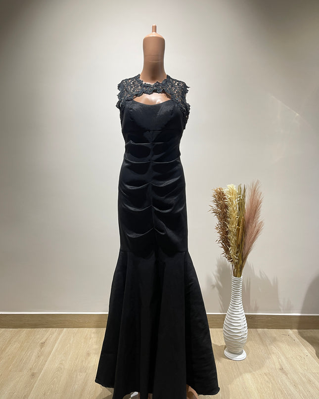BEBE Women's  Ruched with Lace Black Gowns M Size