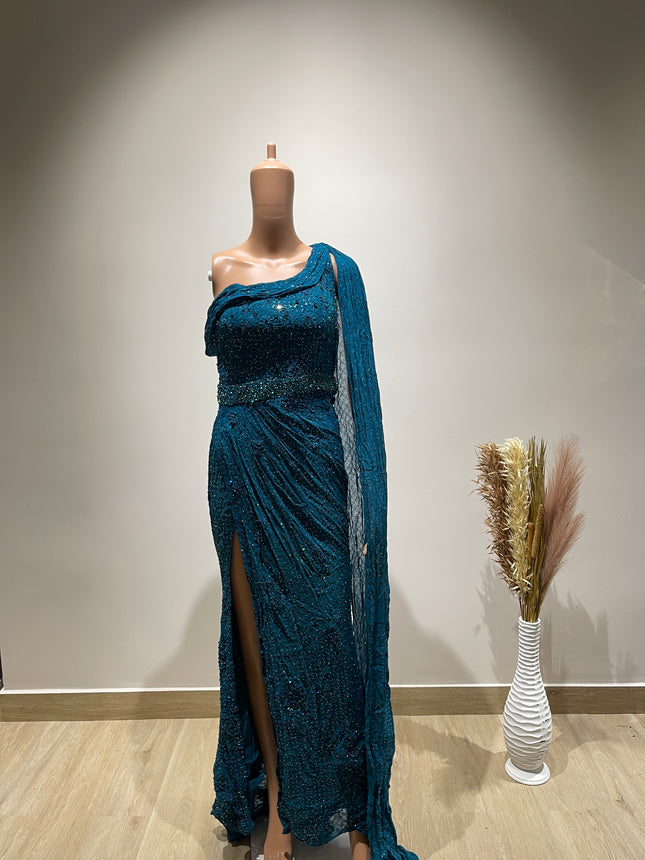 Women's One-Shoulder Long Prom Blue Gown - S Size