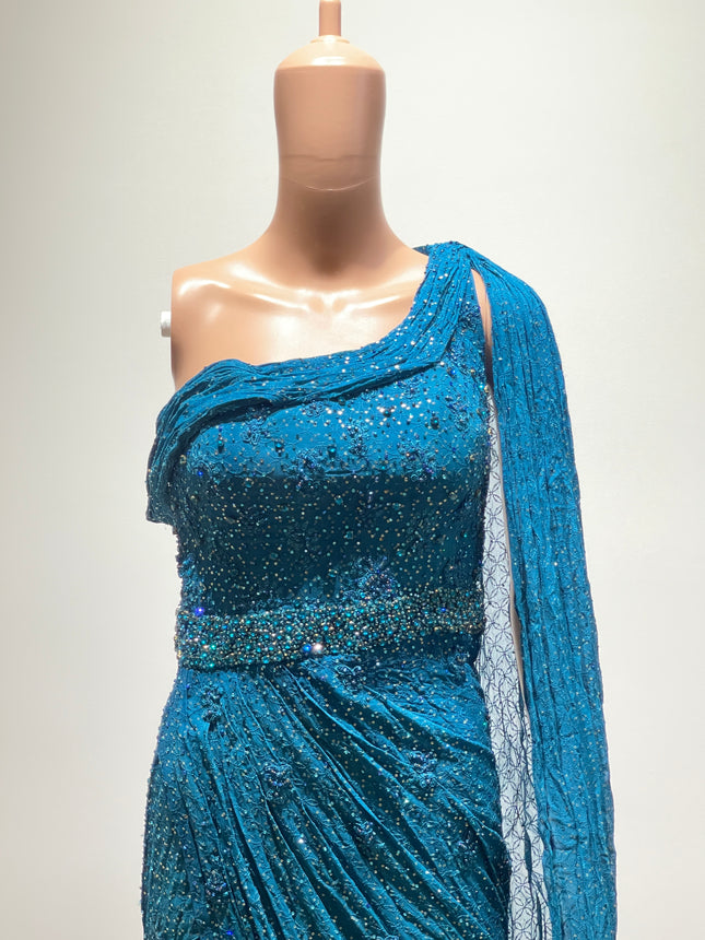 Women's One-Shoulder Long Prom Blue Gown - S Size