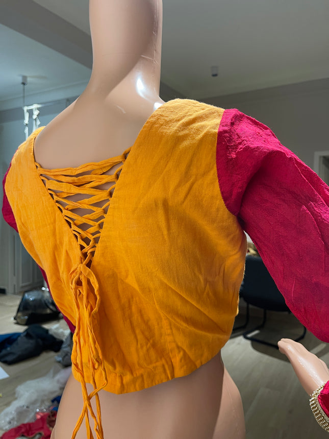 Womens Full-Sleeve Orange and Red V-Neck Blouse - L Size