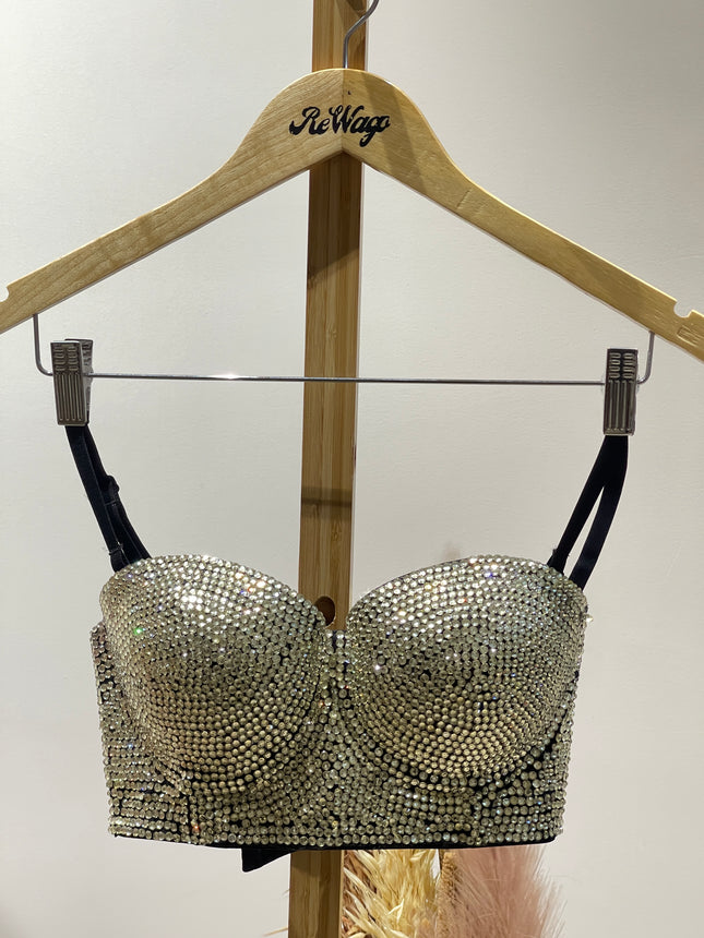 Women'S Bustiers Vintage Black Sexy Corset Tops Hand Beaded Shiny White - M Size