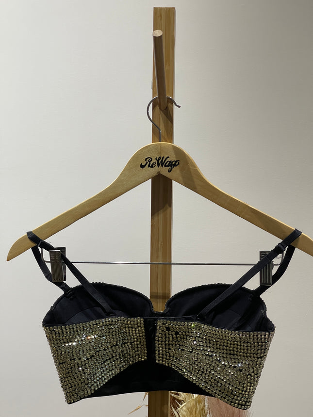Women'S Bustiers Vintage Black Sexy Corset Tops Hand Beaded Shiny White - M Size