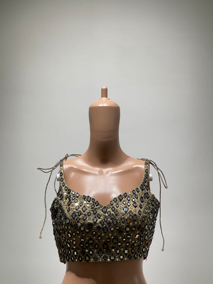 Womens Heavily Embellished with Gold and Black Sequins and Mirror Work Blouse - M Size
