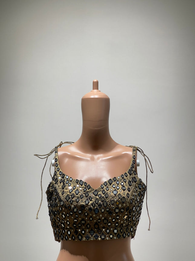 Womens Heavily Embellished with Gold and Black Sequins and Mirror Work Blouse - M Size
