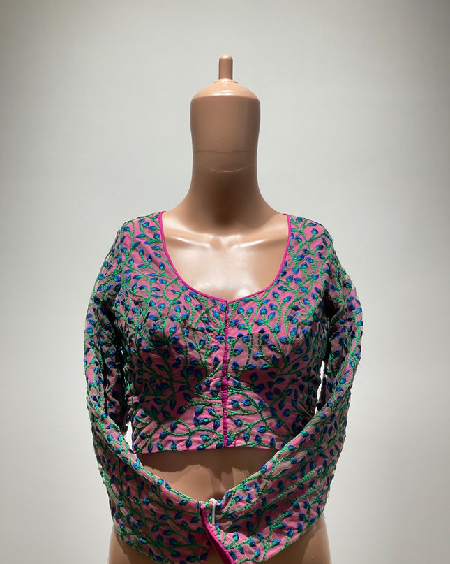 Womens Full Sleeve Magenta Blouse With Heavy Floral Work - L Size