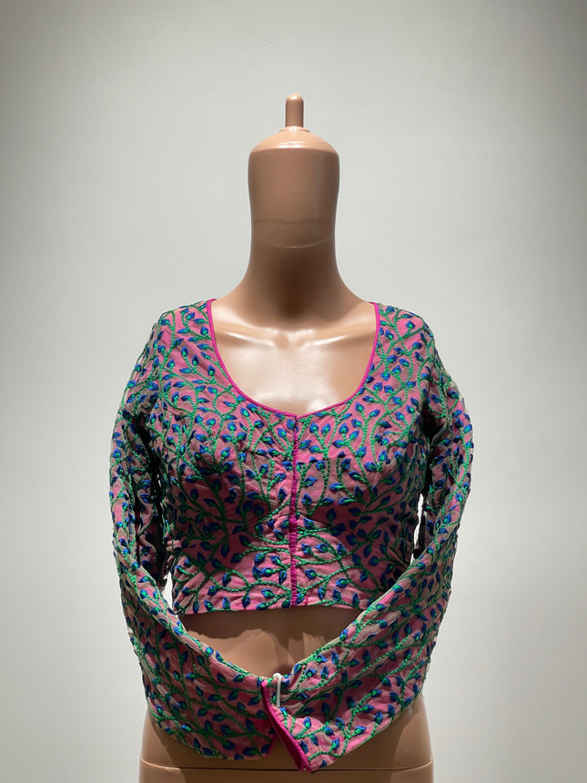 Womens Full Sleeve Magenta Blouse With Heavy Floral Work - L Size