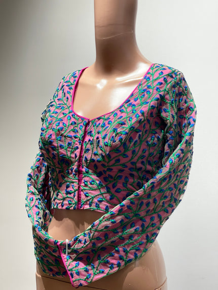 Womens Full Sleeve Magenta Blouse With Heavy Floral Work - L Size