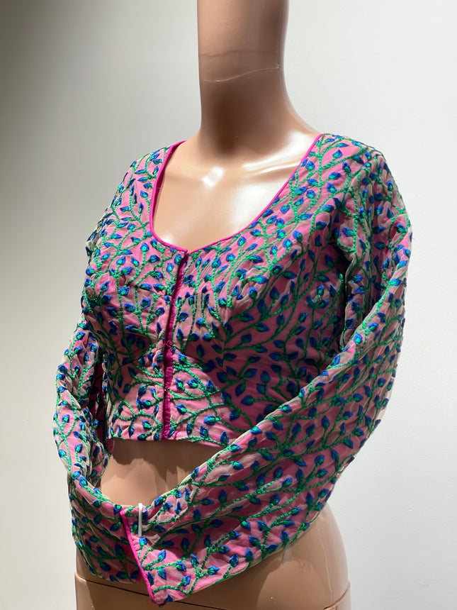 Womens Full Sleeve Magenta Blouse With Heavy Floral Work - L Size