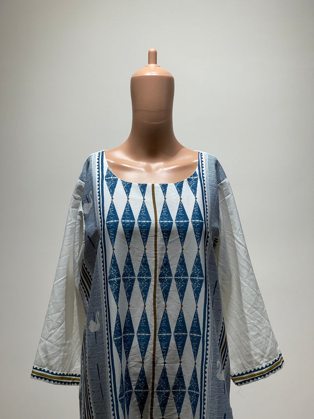 AHIKA Women White and Blue Print Kurits - XL Size