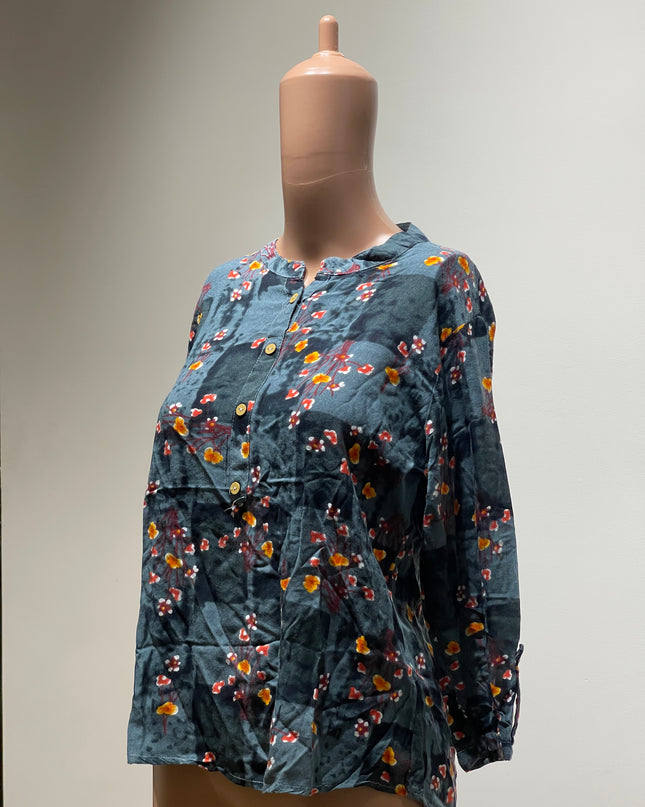Casual Regular Sleeves Floral Print Women Blue Top-  L Size