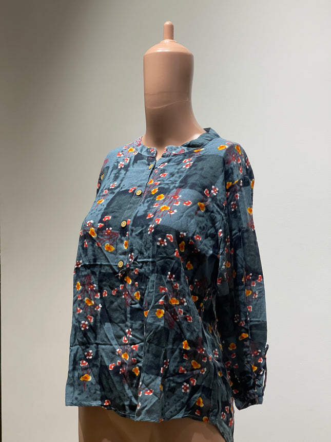 Casual Regular Sleeves Floral Print Women Blue Top-  L Size