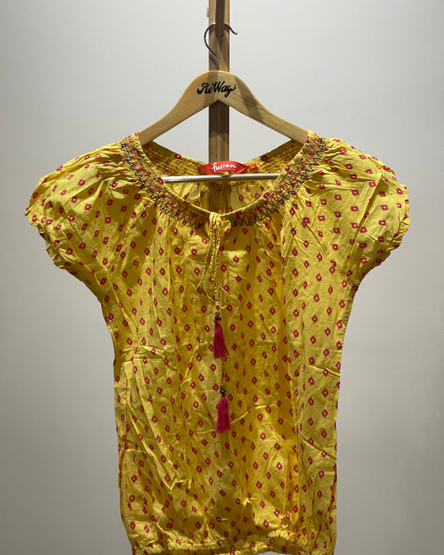 FUSION WOMEN Yellow Printed Top L Size