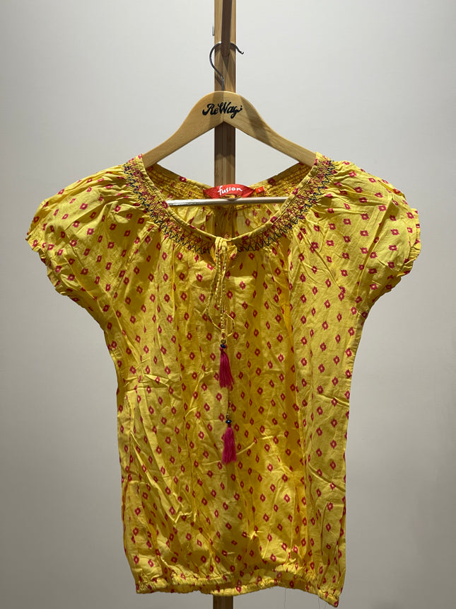 FUSION WOMEN Yellow Printed Top L Size