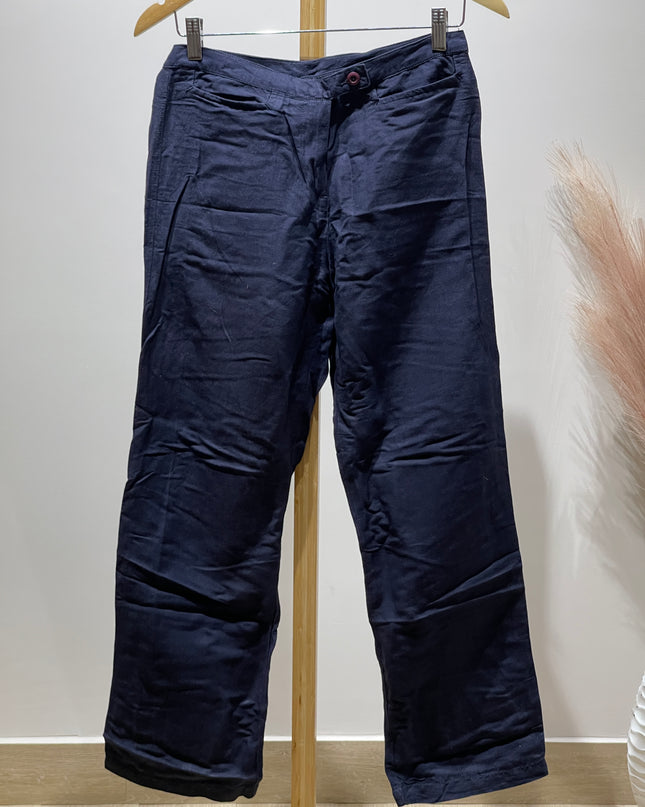 CottonWorld Womens Loose-Fit Navy Blue Linen Pants - S Size