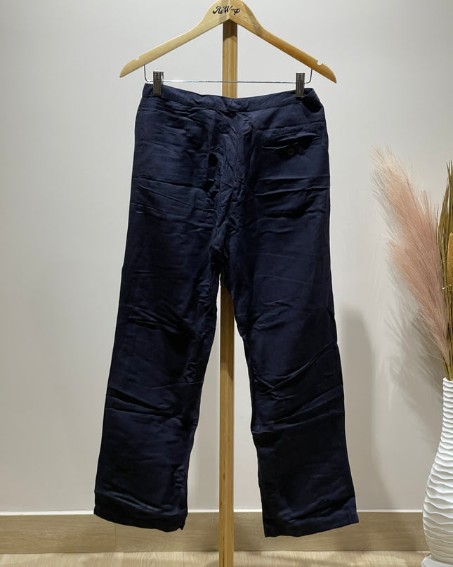 CottonWorld Womens Loose-Fit Navy Blue Linen Pants - S Size