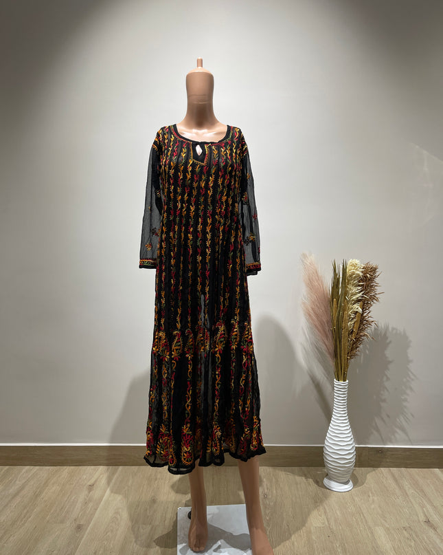 Original Chikankari Black Ethnic Motifs Embroidered Floral Georgette Anarkali Kurta 38 Size