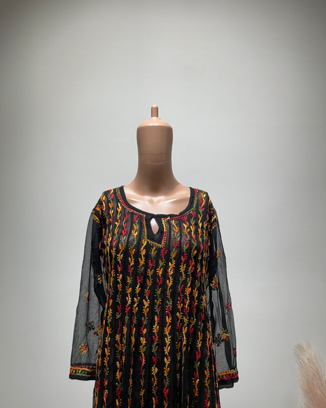 Original Chikankari Black Ethnic Motifs Embroidered Floral Georgette Anarkali Kurta 38 Size
