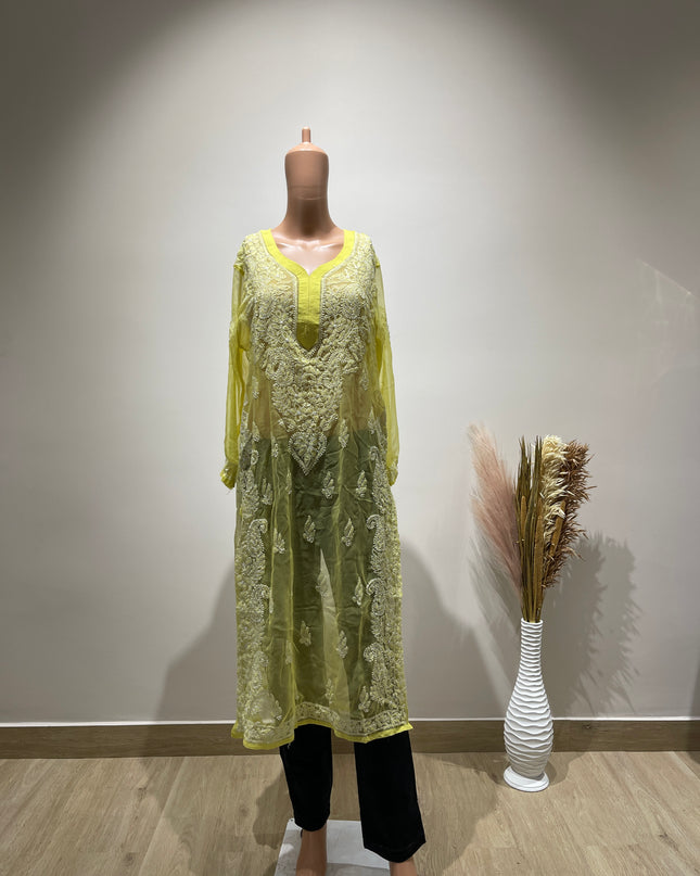 (Original Chikankari) Women Embroidery Georgette Straight Kurta Yellow - L Size