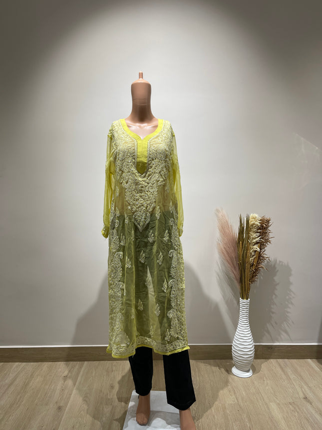 (Original Chikankari) Women Embroidery Georgette Straight Kurta Yellow - L Size