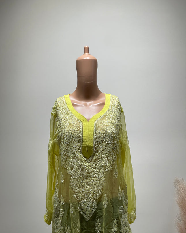 (Original Chikankari) Women Embroidery Georgette Straight Kurta Yellow - L Size