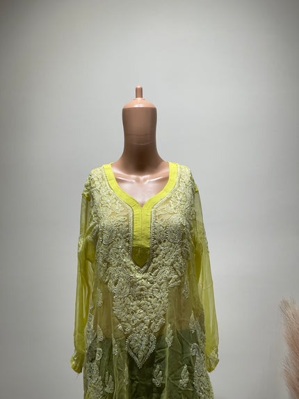(Original Chikankari) Women Embroidery Georgette Straight Kurta Yellow - L Size